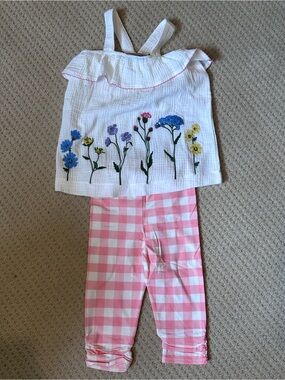 Mud Pie Pink Gingham Legging Set with Embroidered Floral White Top